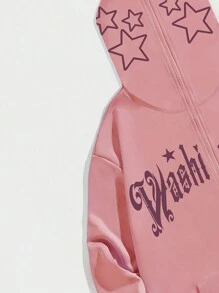 ROMWE MEN Street Life Men's Lettering & Stars Printed Zip-Placket Hoodie - Pink - View 4