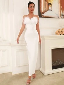 Modphy Feather Detail Contrast Color Strapless Bandage Bodycon Dress - White - View 7