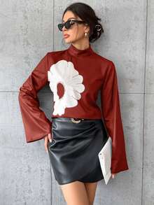 SHEIN Privé 女士花卉印花喇叭袖襯衫 - 紅色 - 查看 6