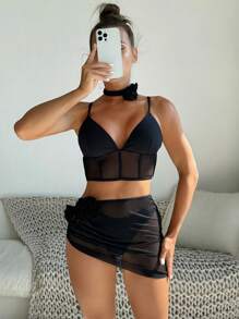 Mesh Splicing 3d Flower Decoration Bikini Set Summer Beach - Black - View 4