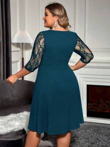 SHEIN Clasi Plus Size Lace Patchwork Dress - Teal Blue - View 2