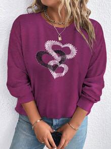 SHEIN LUNE Kích thước lớn In Trái tim Cổ thuyền viên Áo nỉ - Màu đỏ tím - Xem 4