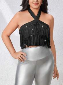 SHEIN Privé Plus Size Camis Backless Pinggir Tie Back Plain Seksi Pesta - Hitam - View 4