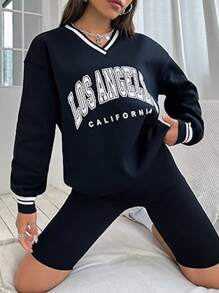 SHEIN EZwear Sweatshirt With Letter Print, Stripes And Drop-Shoulder Design - Black - View 5