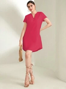 SHEIN LUNE 女式短袖v領凹口裙擺連衣裙 - 玫紅色 - 查看 3