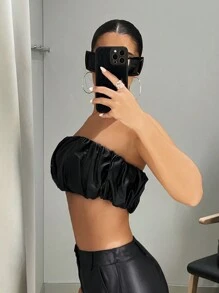 SHEIN ICON Women'S Pleated Strapless Top - Black - View 8