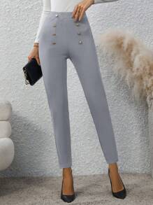 SHEIN Privé 女士雙排扣裝飾修身長褲 - 淺灰色 - 查看 3