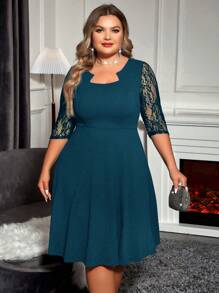 SHEIN Clasi Plus Size Lace Patchwork Dress - Teal Blue - View 1