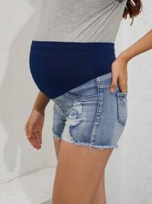 SHEIN Maternity High Waist Ripped Denim Shorts With Frayed Hem