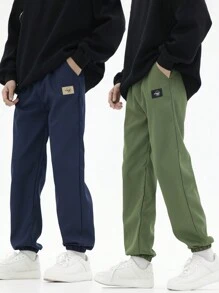 SHEIN 男童運動時尚字母貼佈長褲 - 彩色 - 查看 1