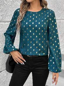 SHEIN LUNE Women'S Polka Dot Lantern Sleeve Shirt With Gold Foiling