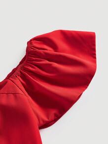 SHEIN MOD Women'S Solid Color Puff Sleeve Smoke Dress - Red - View 3