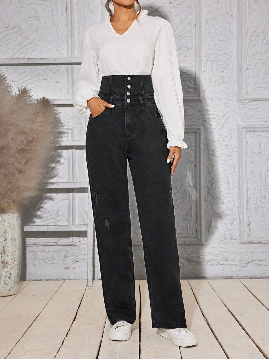 SHEIN LUNE Turn-Over Straight-Leg Denim Trousers - Black - View 1