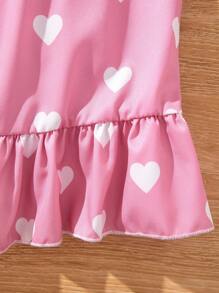 SHEIN Genkimix Kids Vestido De Tirantes Con Volantes Y Dobladillo Con Patrón De Corazón Para Niña - Rosa - Ver 5
