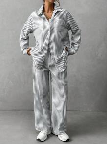 SHEIN Essnce 條紋落肩休閒襯衫和褲子2件套裝 - 黑與白 - 查看 4