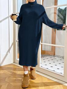 SHEIN Essnce Kích thước lớn Màu thuần Cổ cao Thả vai Đầm Áo len - Màu xanh lam - Xem 5