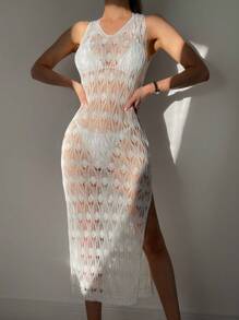 SHEIN Swim 1 Miếng Cái nĩa cao & Nhìn xuyên qua Bên Váy Cover Up Lễ cưới - trắng - Xem 3