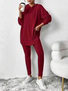 SHEIN Essnce Women Outfit Sets Black Velvet Sweatshirt Hooded Long-Sleeved Warm Tight Leggings Women's Casual Striped Hooded Top Leggings Winter - Burgundy - View 3