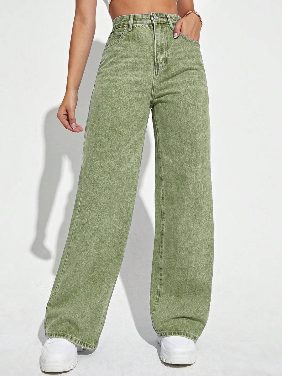 SHEIN ICON High Waist Wide Leg Jeans - Army Green - View 1
