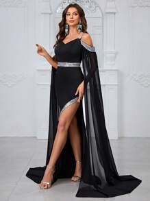 YISIKADO 女士亮片雪紡露肩高側開叉性感晚禮服 - 黑色 - 查看 5