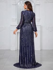 YISIKADO Của phụ nữ Kim sa Sọc Vượt qua Cổ v Tay áo dài Buổi tiệc Đầm dạ hội - Màu xanh hải quân - Xem 2