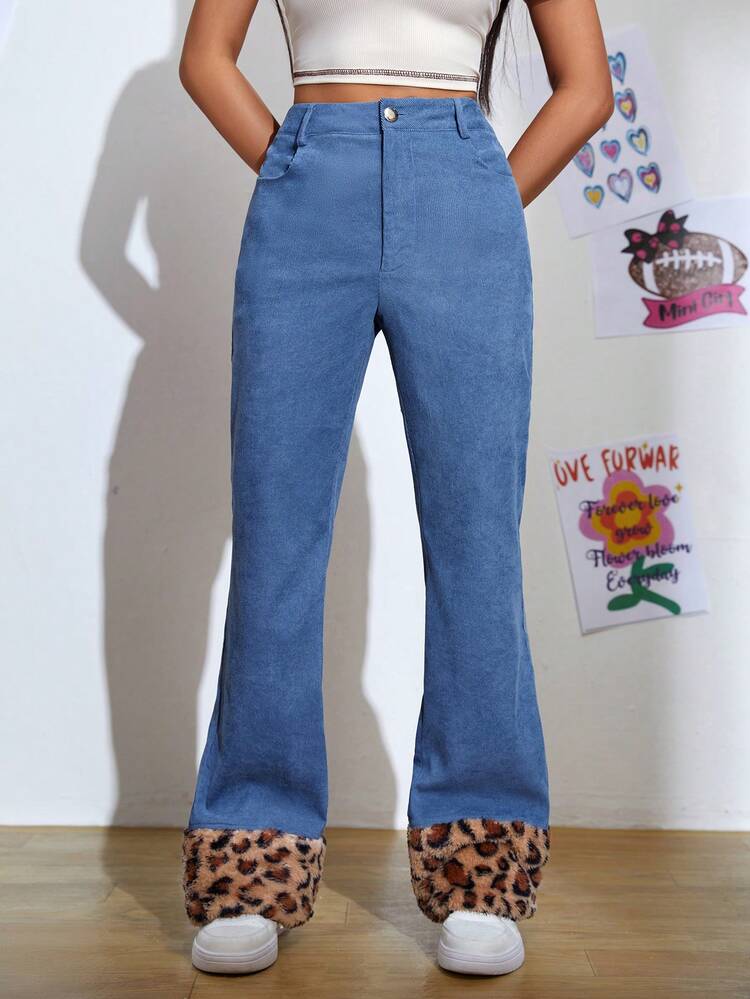 Leopard Printed Hair Edge Patchwork Pants