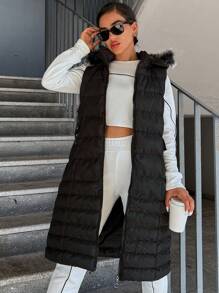 EURMUSE Fuzzy Trim Hooded Puffer Vest Coat - Black - View 4