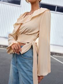 SHEIN Essnce Cổ chữ V Xù Hoa Sen Quần skinny Áo sơ mi - Màu be - Xem 5