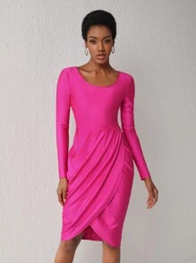 Elonson Collection Women'S Large Round Collar Wrap Style Pleated Dress - Hot Pink - View 1