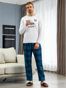 男士字母印花上衣和格紋長褲家居服套裝 - 彩色 - 查看 4