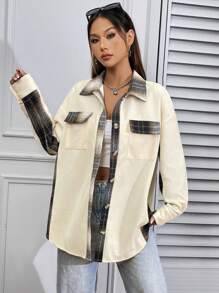 SHEIN Unity 女式寬鬆方格拼接垂肩長袖夾克 - 杏色 - 查看 3