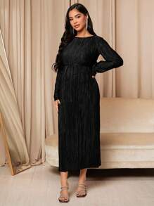 MaterniChic Maternity Long Sleeve Dress With Waist Belt