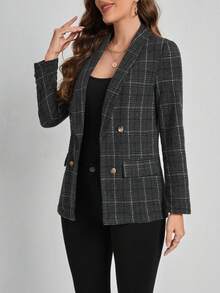 SHEIN Clasi 女士鬆緊領格紋西裝外套 - 黑色 - 查看 3