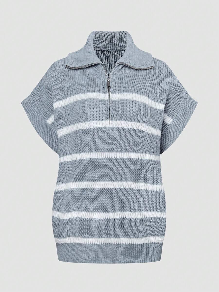 SHEIN LUNE Zipper Half Open Striped Sweater Vest - Multicolor - View 1