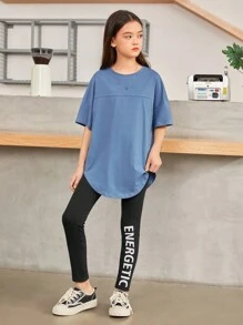 SHEIN 青少年女孩鬆身休閒圓領落肩上衣和褲子套裝,卡通印花設計 - 彩色 - 查看 5