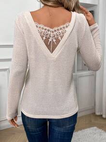 SHEIN Frenchy 綉花網格面板長袖紋理織物對比蕾絲t卹 - 杏色 - 查看 5