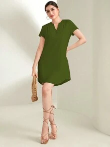 SHEIN LUNE Vestido Recto Con Cuello En V Y Muescas Para Mujer - Verde militar - Ver 6