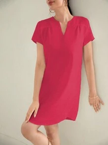 SHEIN LUNE 女式短袖v領凹口裙擺連衣裙 - 玫紅色 - 查看 4