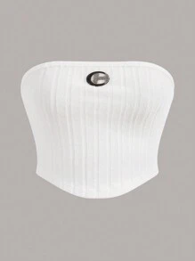 SHEIN Coolane Ladies' Metallic Letter Embellished Knitted Bandeau Top - White - View 1