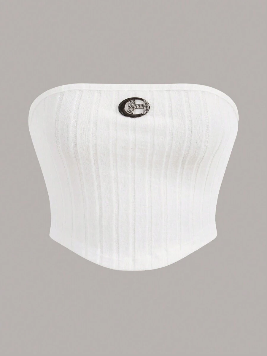 SHEIN Coolane Ladies' Metallic Letter Embellished Knitted Bandeau Top - White - View 1