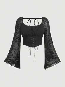 SHEIN MOD Kích thước lớn Dệt hoa Vá lại Bùng nổ Tay áo Áo thun Với Thánh giá Buộc - màu đen - Xem 1