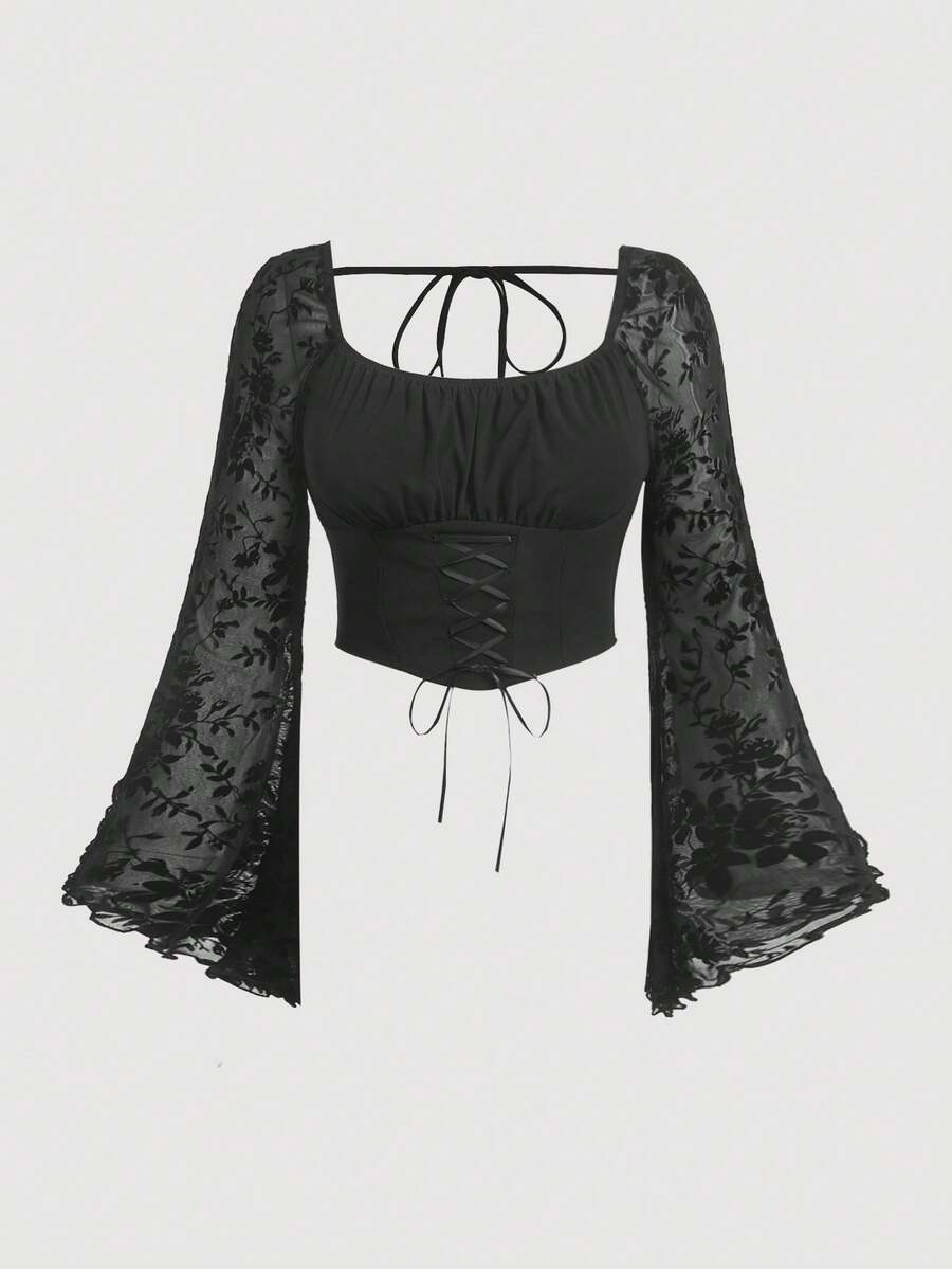 SHEIN MOD Kích thước lớn Dệt hoa Vá lại Bùng nổ Tay áo Áo thun Với Thánh giá Buộc - màu đen - Xem 1