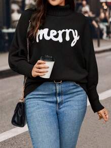 SHEIN LUNE 大尺碼花押字高領毛衣 - 黑色 - 查看 1