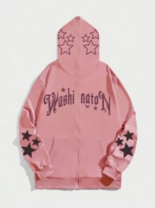 ROMWE MEN Street Life Men's Lettering & Stars Printed Zip-Placket Hoodie - Pink - View 1