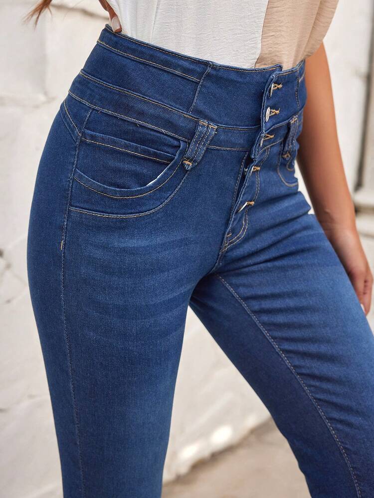 Button Front Skinny Washed Denim Jeans