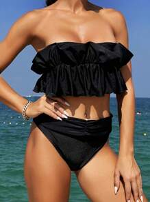 SHEIN Swim Ensemble de bikini bandeau plissé à volants de couleur unie pour femmes
