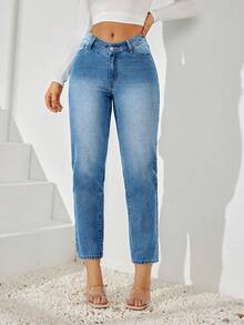 SHEIN Privé Jeans Con Cintura Alta Y Corte En V Con Pierna Cónica - Lavado ligero - Ver 6