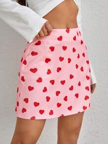 SHEIN EZwear Women's Full Print Heart Pattern Skirt - Pink - View 1