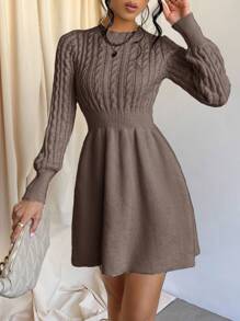 Màu thuần Tay áo dài Vòng cổ Đầm Áo len - Màu nâu  Mocha - Xem 4