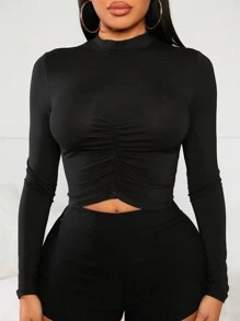 SHEIN SXY Women's Black High Neck Gathered Long Sleeve T-Shirt - Black - View 1